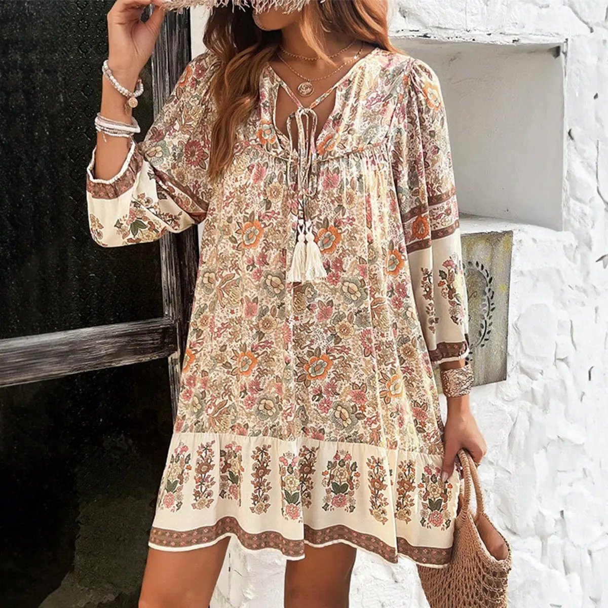 Bohemia Print V Neck Casual Dress - TARHUS
