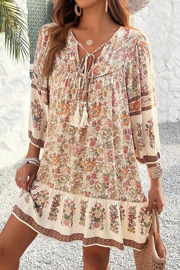 Bohemia Print V Neck Casual Dress - TARHUS