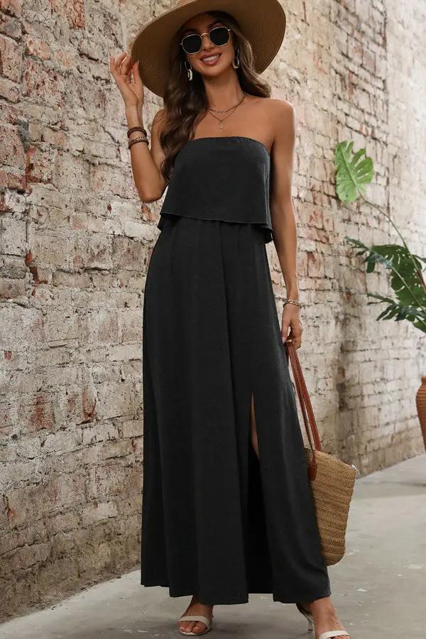 Bandeau Solid Color High Waist Maxi Dress - TARHUS