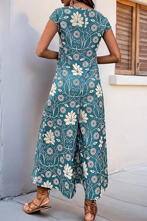 Vintage Floral Print Casual Jumpsuit - TARHUS