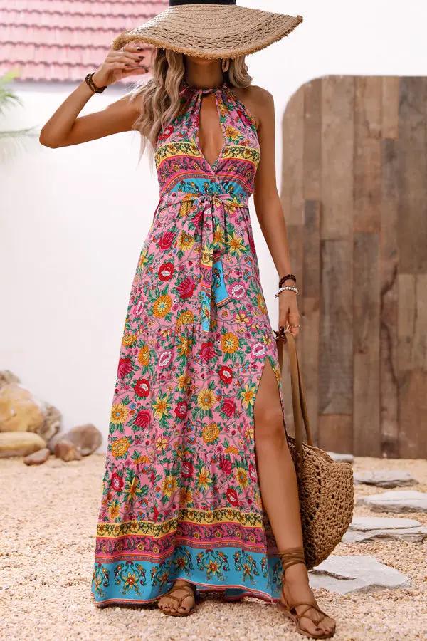 Bohemia Print Halter Neck Split Side Maxi Dress - TARHUS