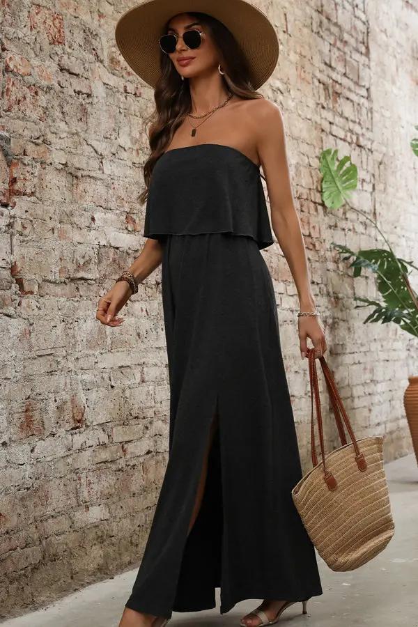 Bandeau Solid Color High Waist Maxi Dress - TARHUS