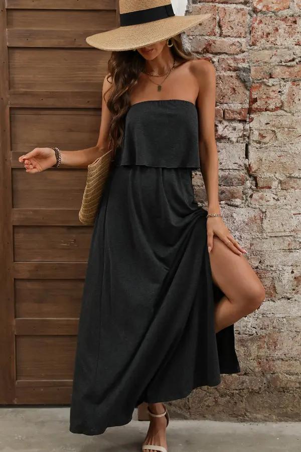 Bandeau Solid Color High Waist Maxi Dress - TARHUS