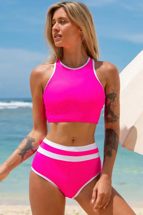 Color Block Round Neck Bikini Set - TARHUS