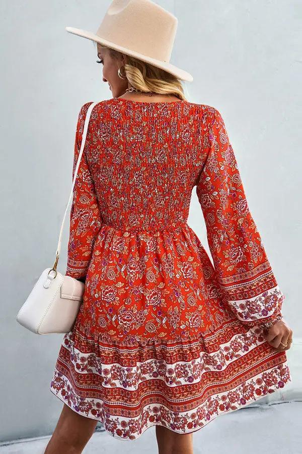Bohemia Smocked Bust Long Sleeve Printed Dress - TARHUS