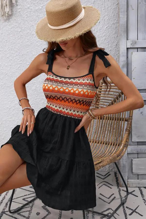 Bohemia Print Patchwork Ruffle Casual Dress - TARHUS