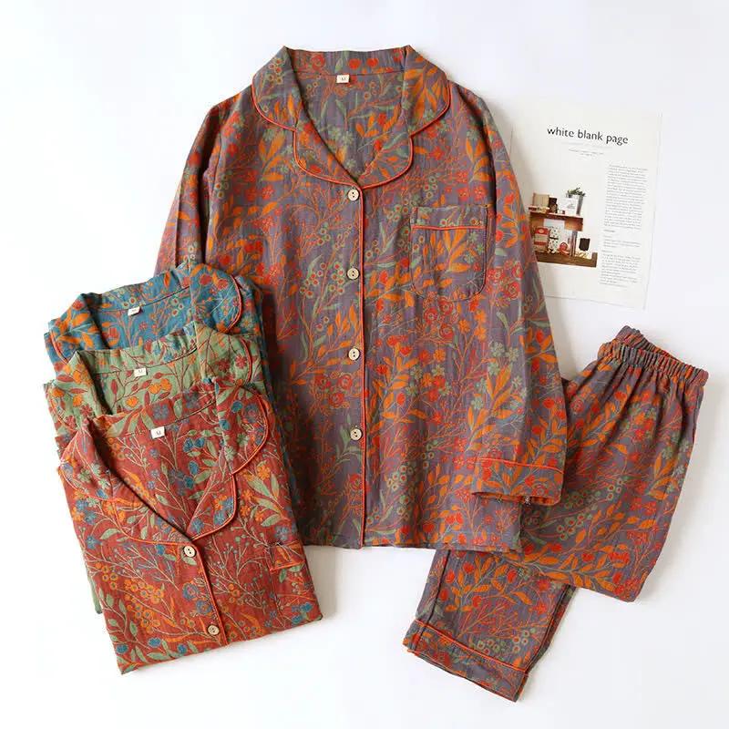 Vintage Leaf Cotton Lapel Loungewear Set - TARHUS