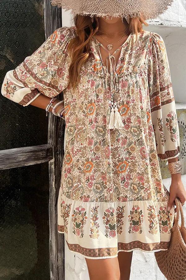 Bohemia Print V Neck Casual Dress - TARHUS