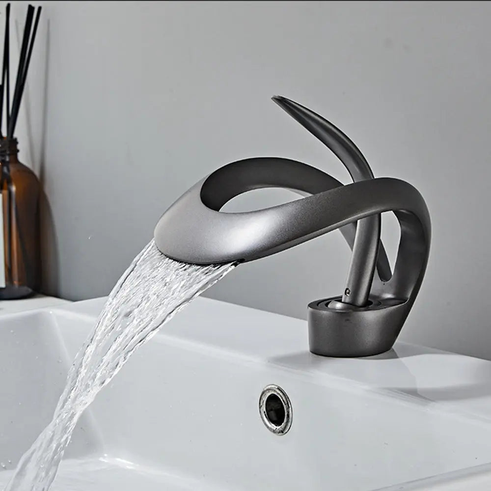 Creative Hollow Design Solid Brass Waterfall Faucet In Gunmetal Grey - TARHUS