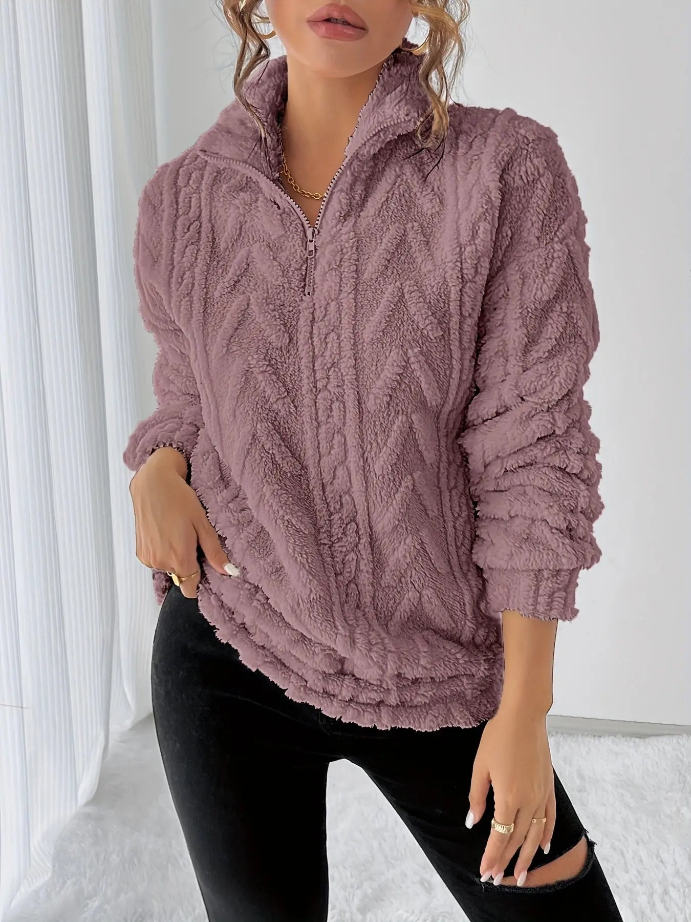 Women’s Fleece Zip-Up Sweatshirt – Long Sleeve Lapel Collar Pullover with Fluffy Texture - TARHUS