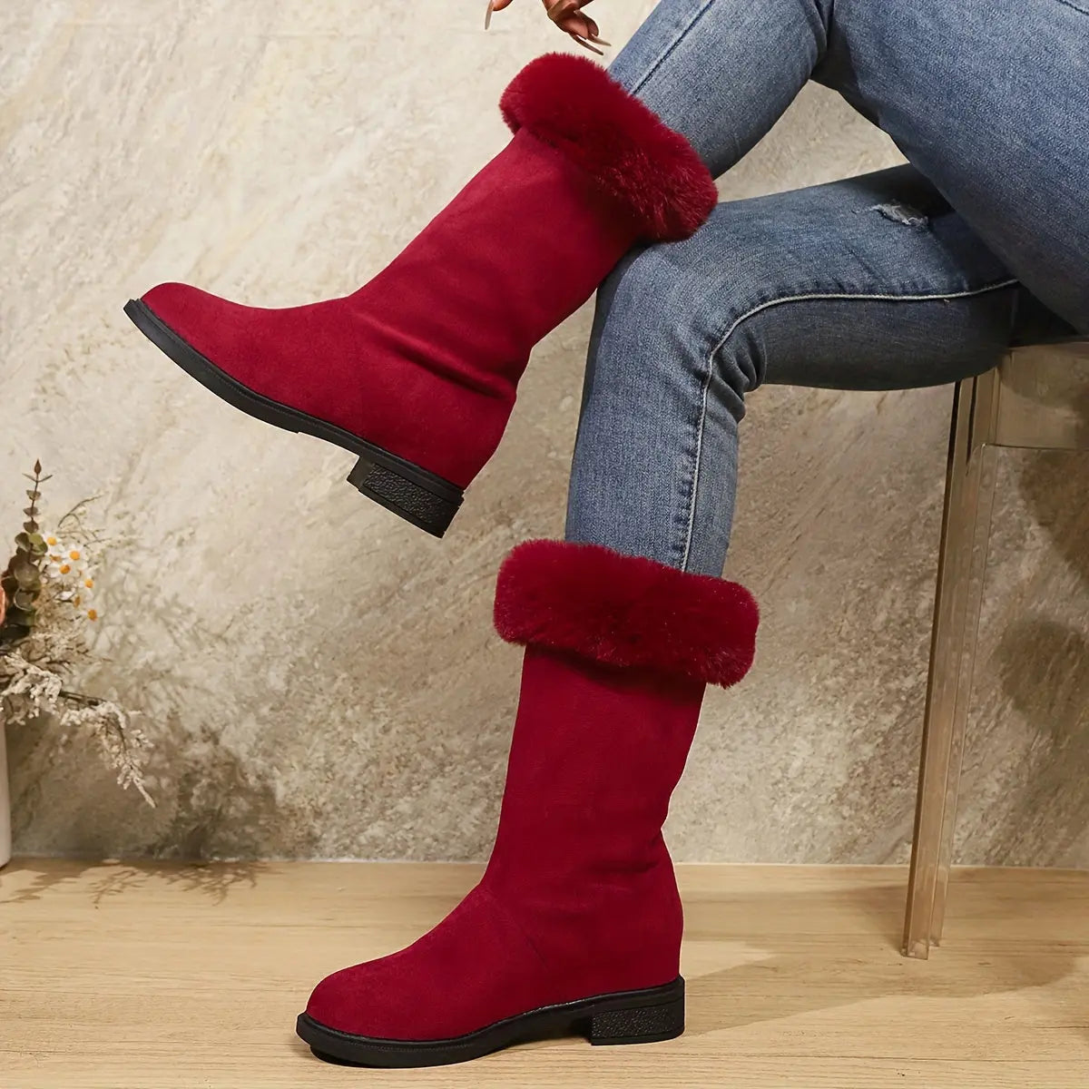 Mid-Calf Winter Booties for Women – Soft Plush Slip-On Snow Boots with Platform Heel | Warm Indoor Outdoor Cold Weather Fashion - TARHUS