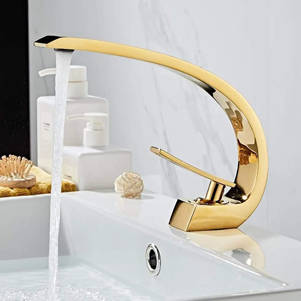 Modern Single Hole 1-Handle C-Shaped Curved Spout Bathroom Sink Faucet In Gold - TARHUS