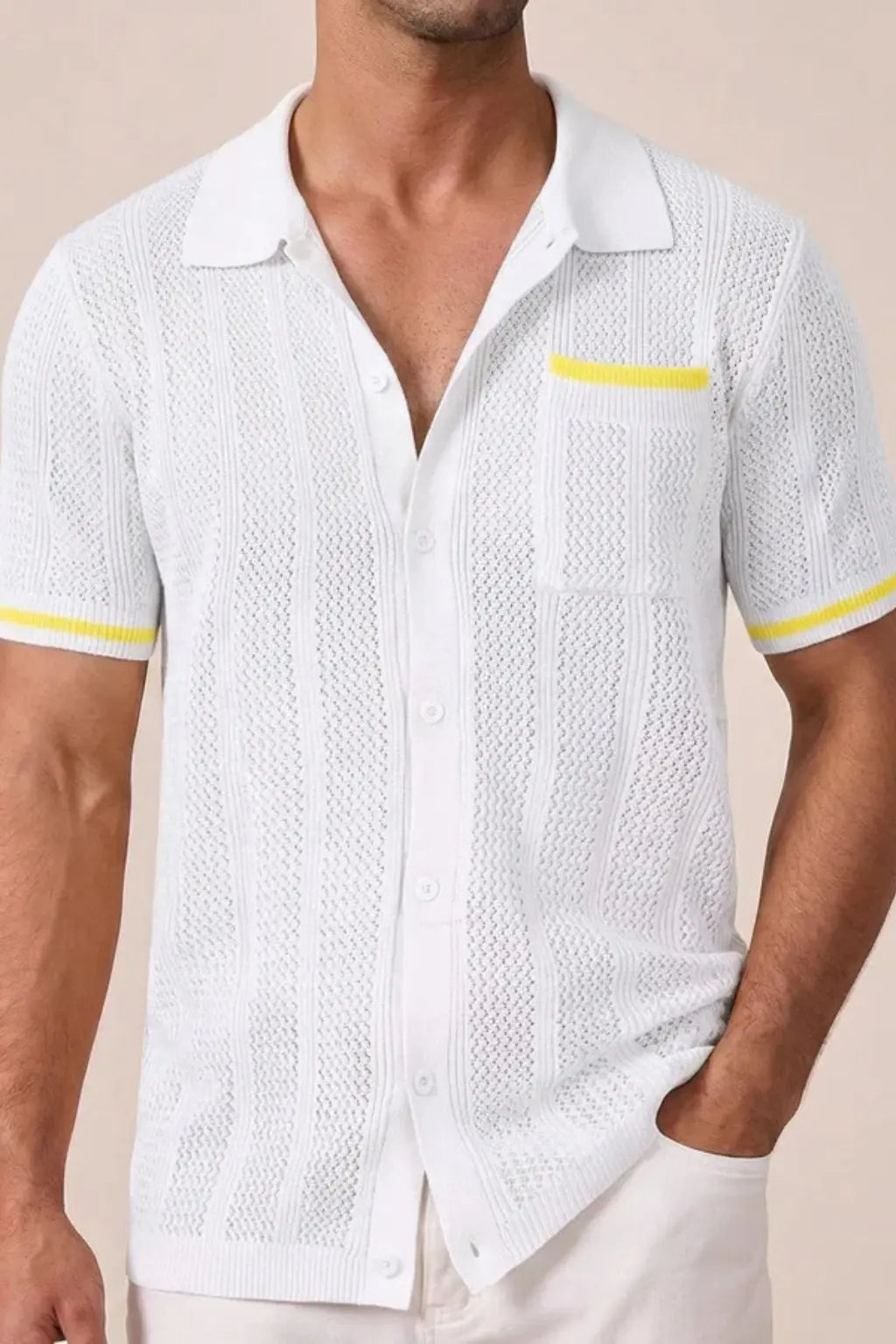 Finlay | Men Short Sleeve Camp Collar Button Front Openwork Knit Shirt with Contrast Trim TARHUS Shirts