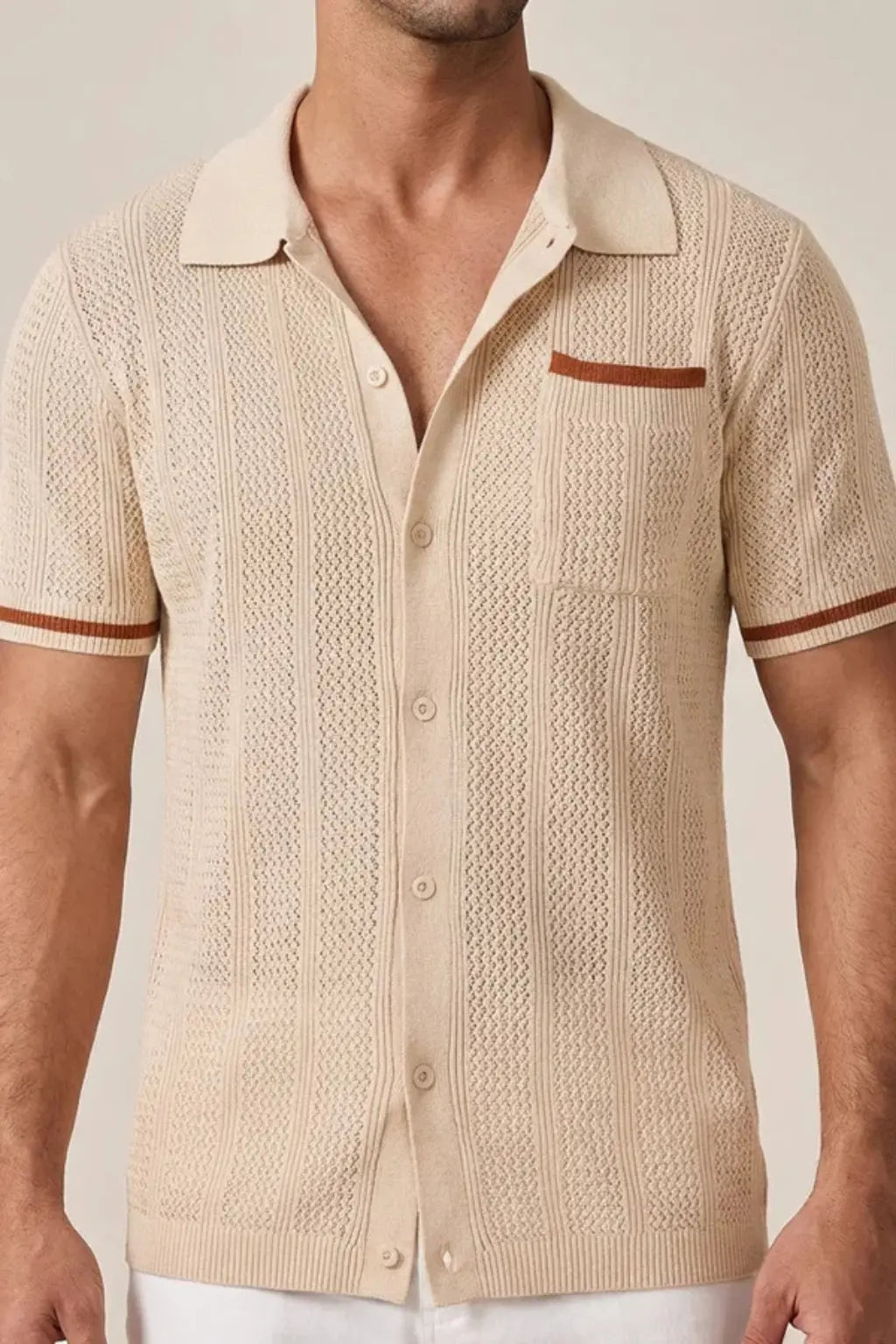Finlay | Men Short Sleeve Camp Collar Button Front Openwork Knit Shirt with Contrast Trim TARHUS Shirts