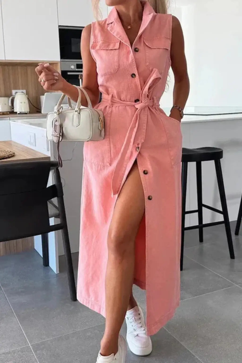 Lottie | Women Sleeveless Belted Button Down Denim Maxi Dress with Split TARHUS