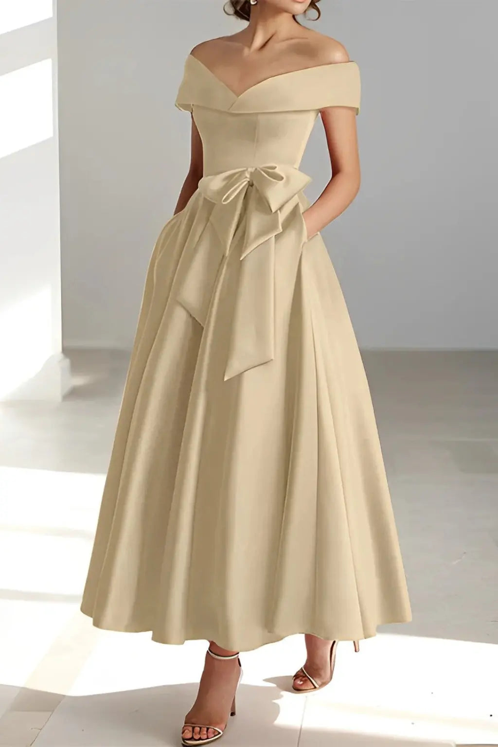 Arabella | Women Off Shoulder Bow Waist A Line Midi Wedding Guest Dress TARHUS Mother of the Bride Dresses