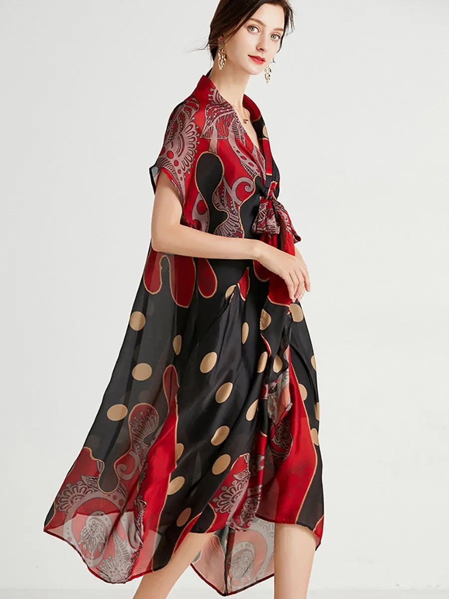 Women Summer Retro Dot Print Drawstring Loose Dress - TARHUS