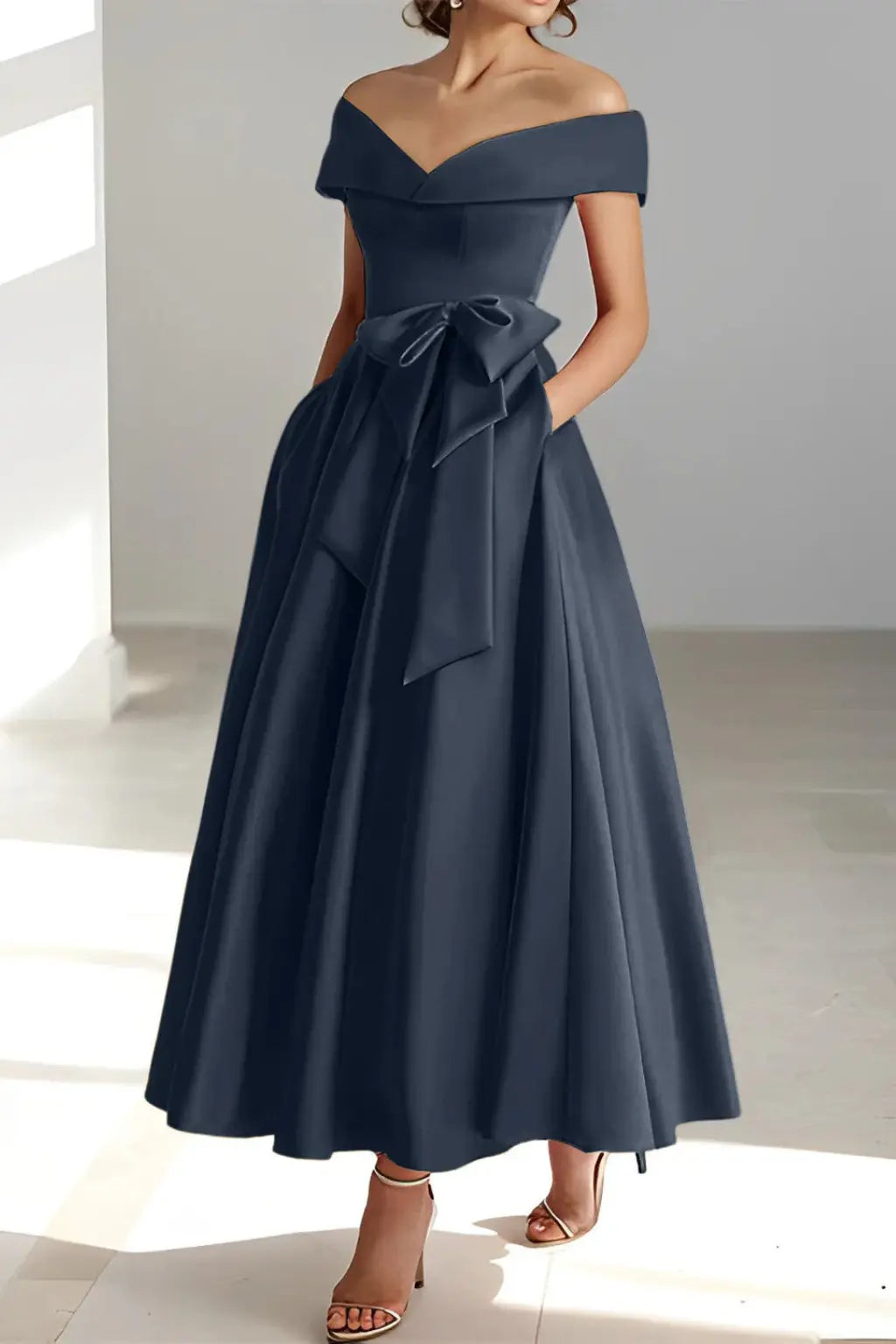 Arabella | Women Off Shoulder Bow Waist A Line Midi Wedding Guest Dress TARHUS Mother of the Bride Dresses