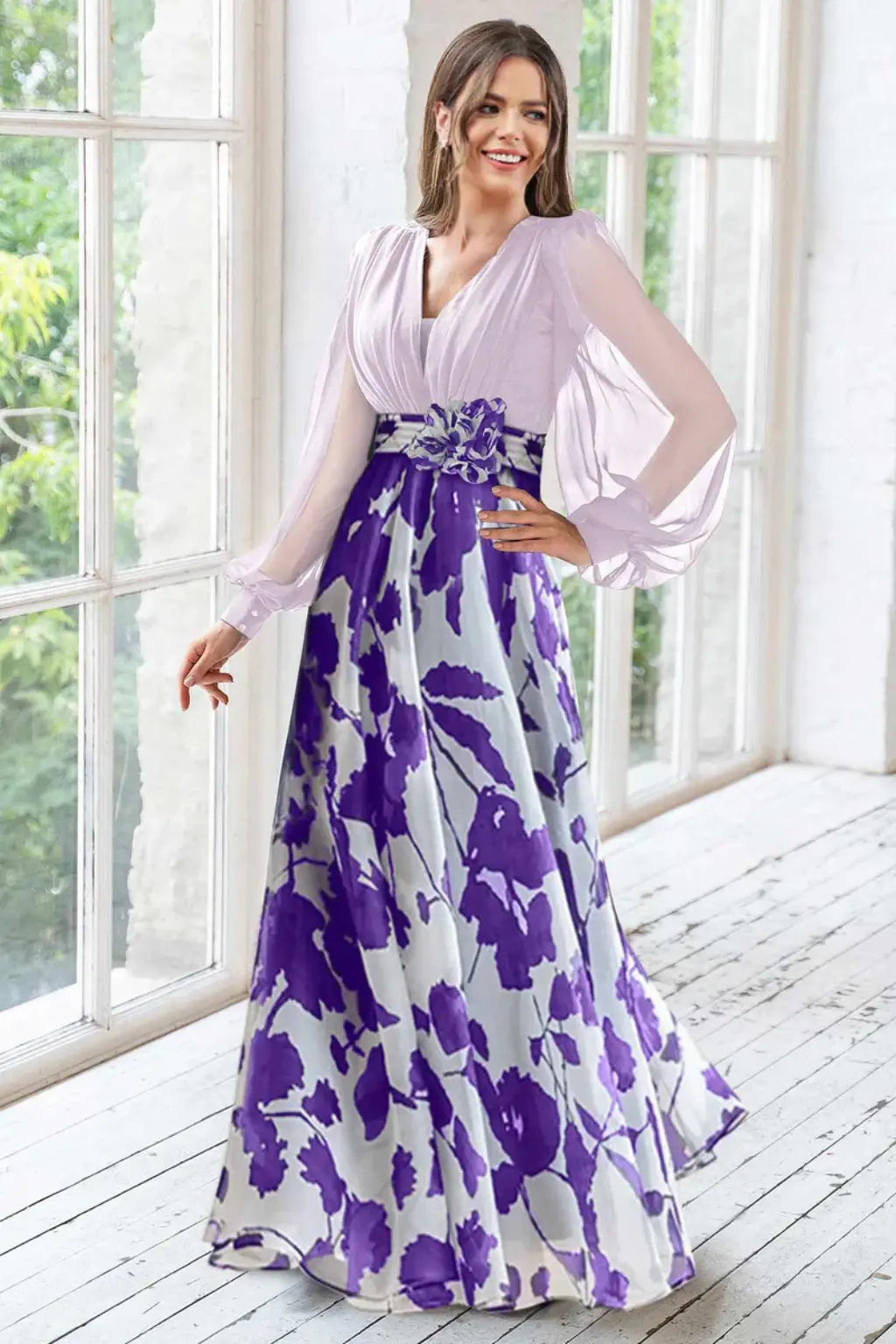 Valentina | Women V Neck Balloon Sleeve Floral Print Maxi Wedding Guest Dress TARHUS Mother of the Bride Dresses