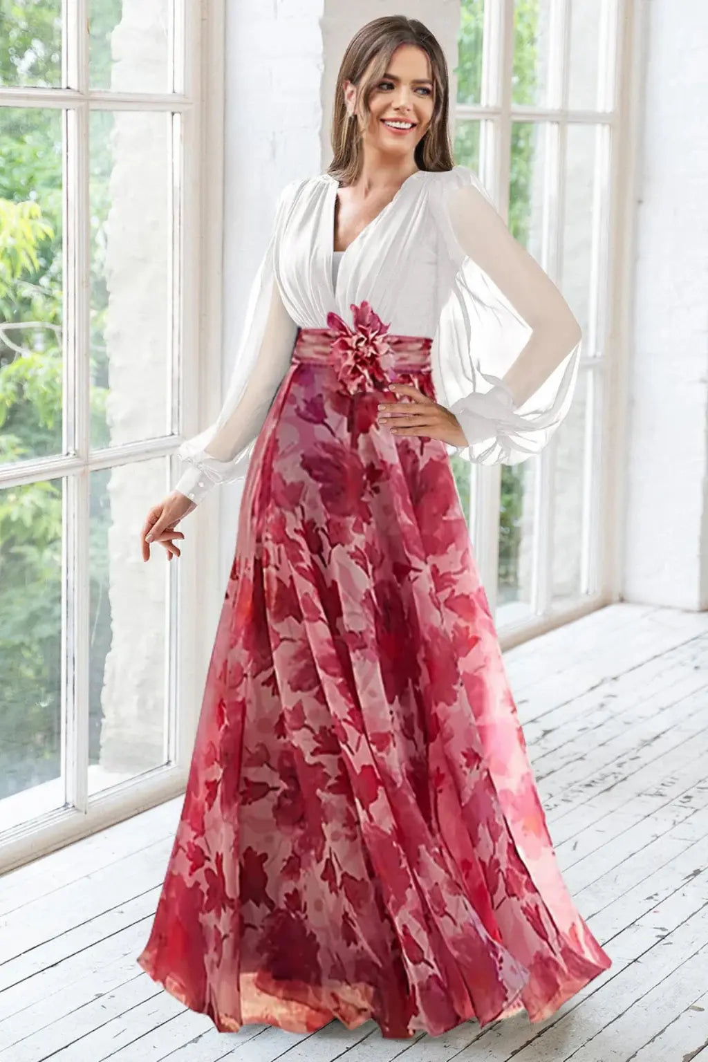 Valentina | Women V Neck Balloon Sleeve Floral Print Maxi Wedding Guest Dress TARHUS Mother of the Bride Dresses
