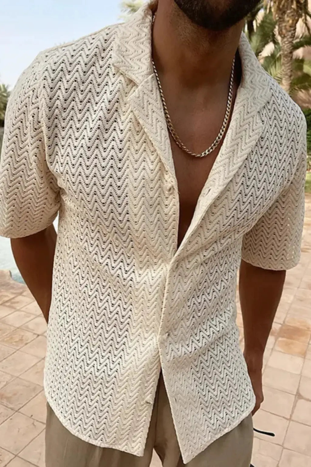 Solano | Men Short Sleeve Open Collar Chevron Textured Summer Shirt TARHUS Men > Tops