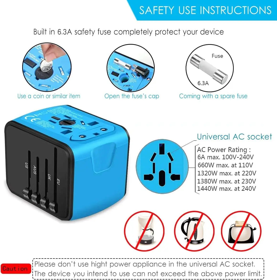 All-in-One Universal Travel Adapter – Worldwide Power Plug Converter with USB Ports for UK, EU, US, AU Outlets - TARHUS