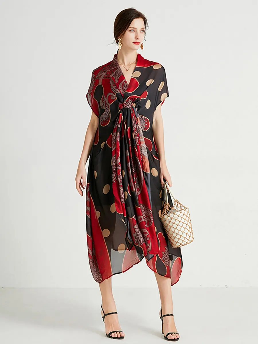 Women Summer Retro Dot Print Drawstring Loose Dress - TARHUS