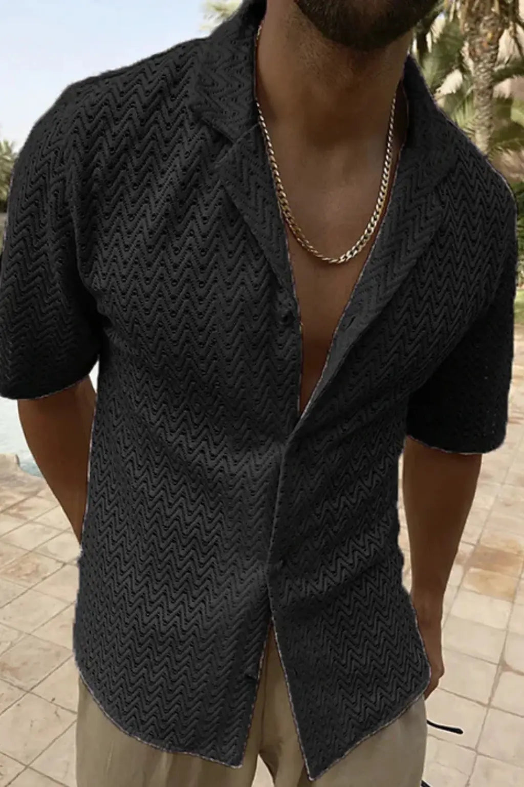 Solano | Men Short Sleeve Open Collar Chevron Textured Summer Shirt TARHUS Men > Tops