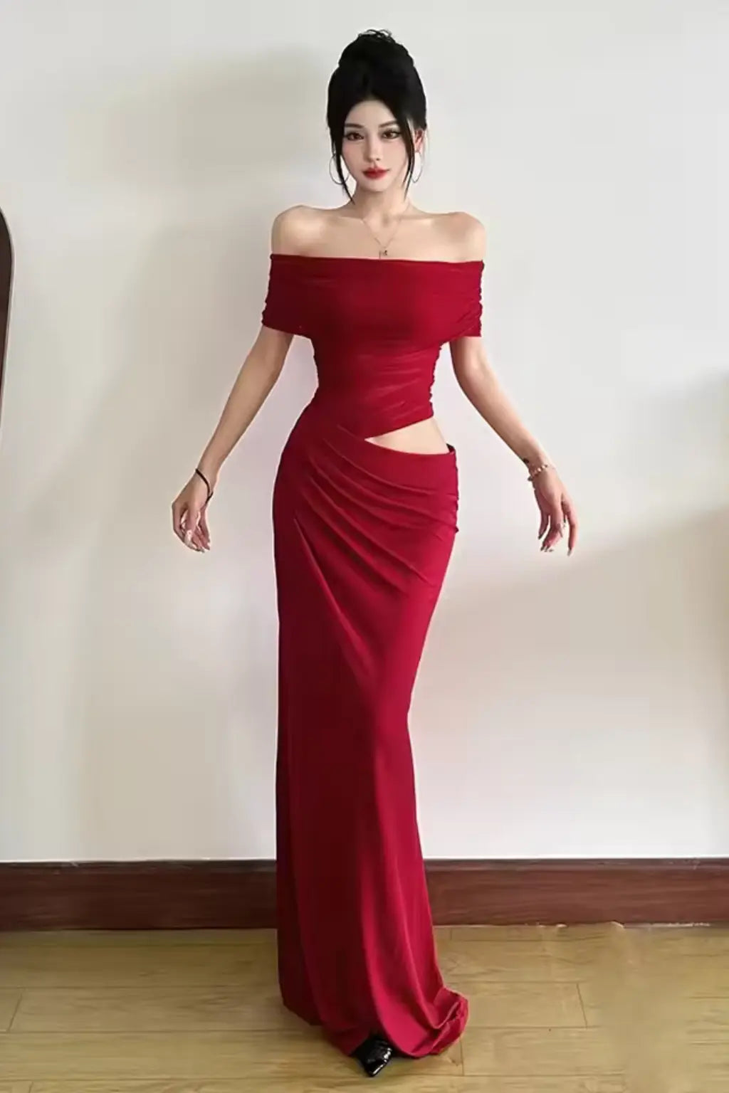 Rhiannon | Women Ruched Off Shoulder Wedding Guest Maxi Dress with Cut Out Detail TARHUS