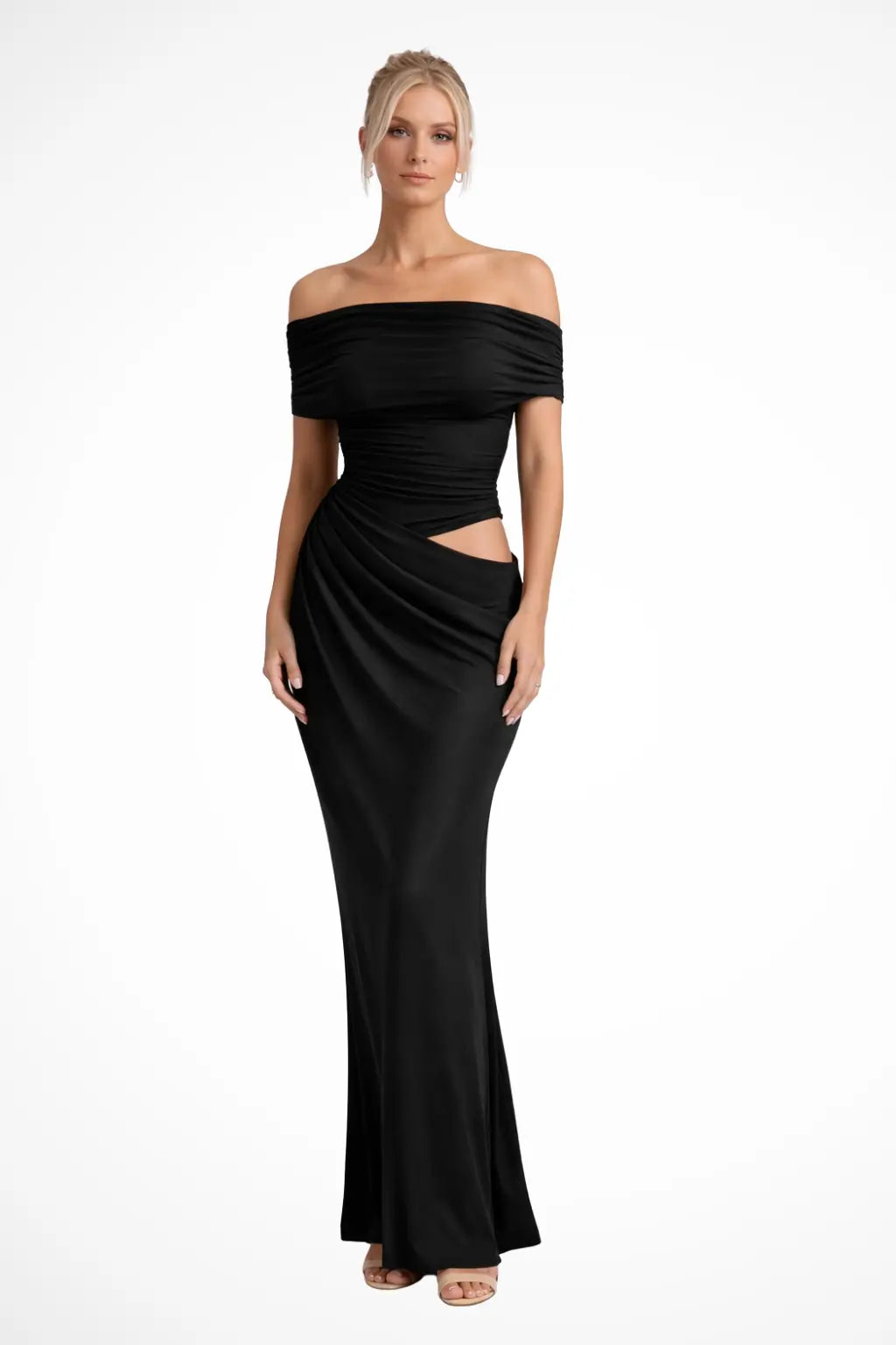 Rhiannon | Women Ruched Off Shoulder Wedding Guest Maxi Dress with Cut Out Detail TARHUS