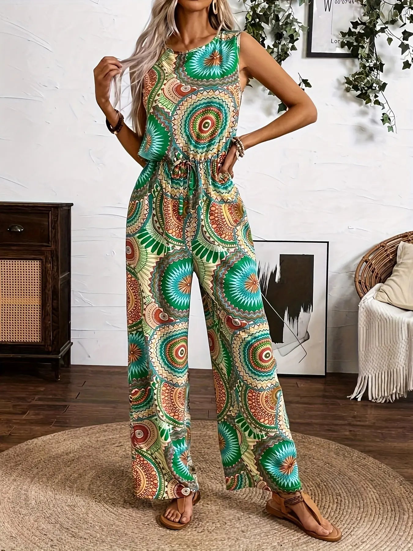 Boho Ethnic Print Jumpsuit for Women – Sleeveless, Wide-Leg, Casual Summer Outfit - TARHUS