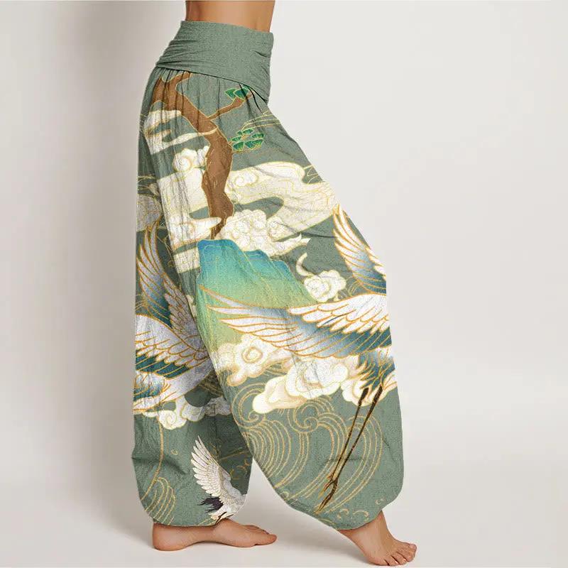Buddha Stones Flying Cranes Auspicious Clouds Tree women's Elastic Waist Harem Pants - TARHUS