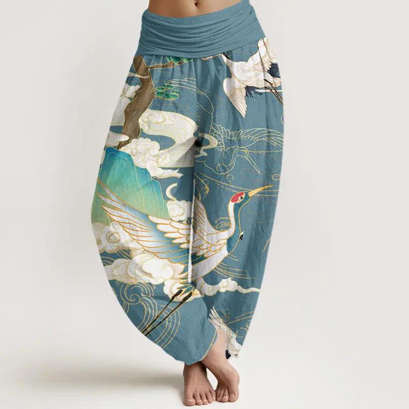 Buddha Stones Flying Cranes Auspicious Clouds Tree women's Elastic Waist Harem Pants - TARHUS