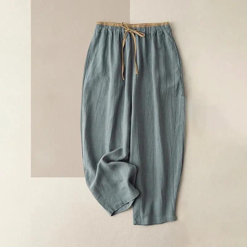 Buddha Stones Casual Solid Color Cotton Linen Drawstring Women's Pants With Pockets - TARHUS