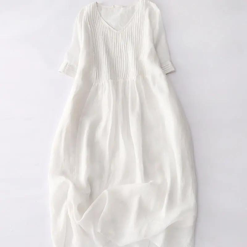 Buddha Stones Casual Accordion Pleat Plain V-neck Short Sleeve Cotton Midi Dress With Pockets - TARHUS