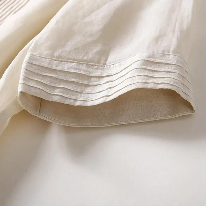 Buddha Stones Casual Accordion Pleat Plain V-neck Short Sleeve Cotton Midi Dress With Pockets - TARHUS