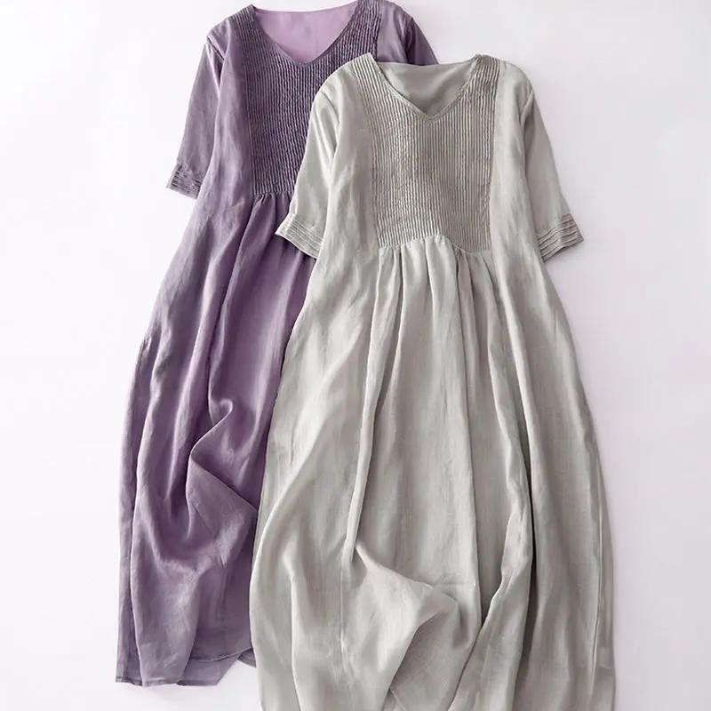 Buddha Stones Casual Accordion Pleat Plain V-neck Short Sleeve Cotton Midi Dress With Pockets - TARHUS