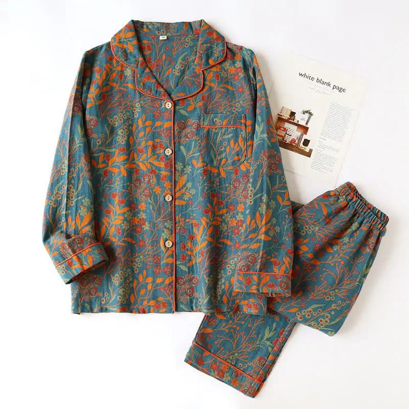 Vintage Leaf Cotton Lapel Loungewear Set - TARHUS