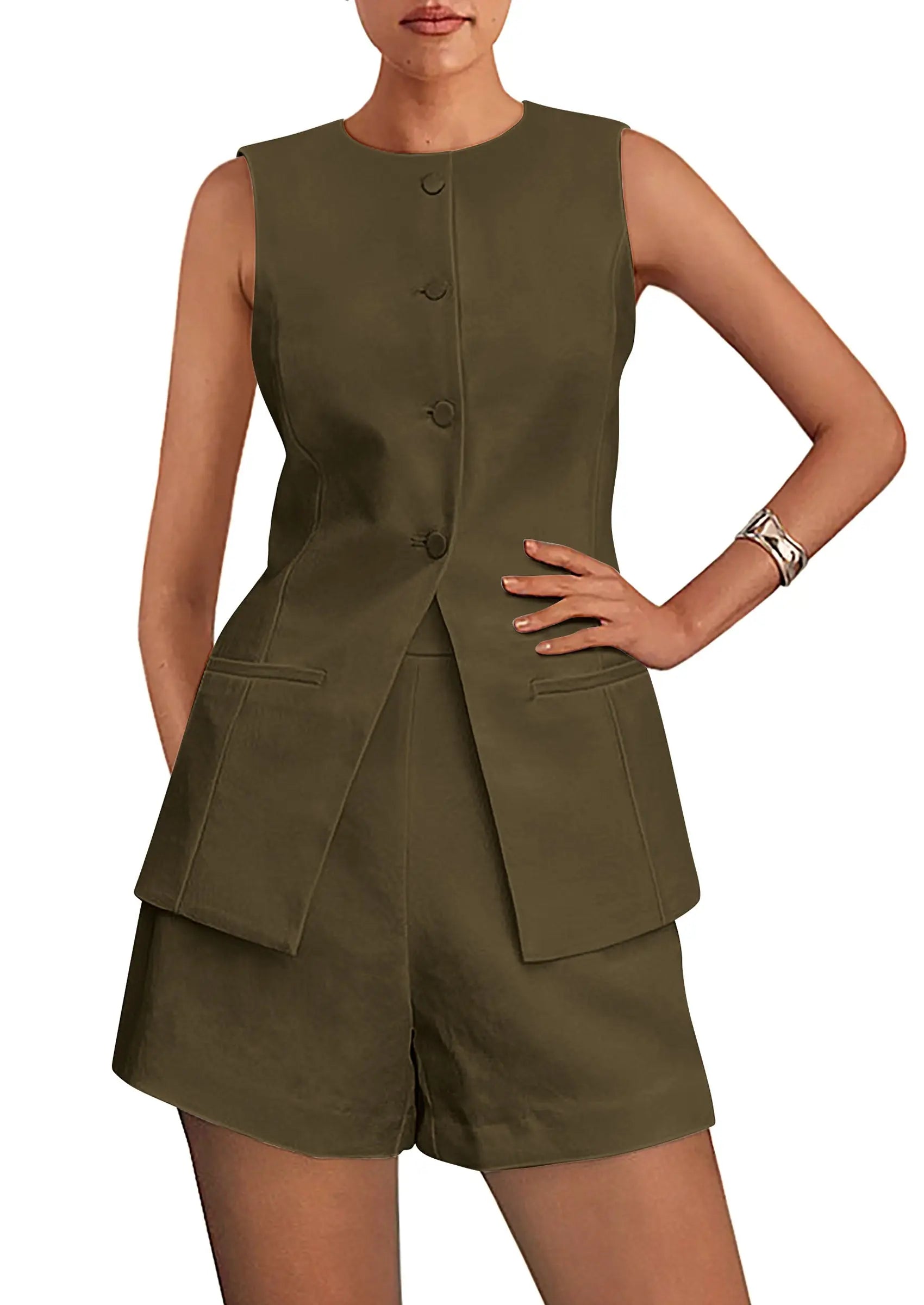 Casual Trendy Button Down Vest Tops High Waisted Shorts Business Two Piece Sets - TARHUS