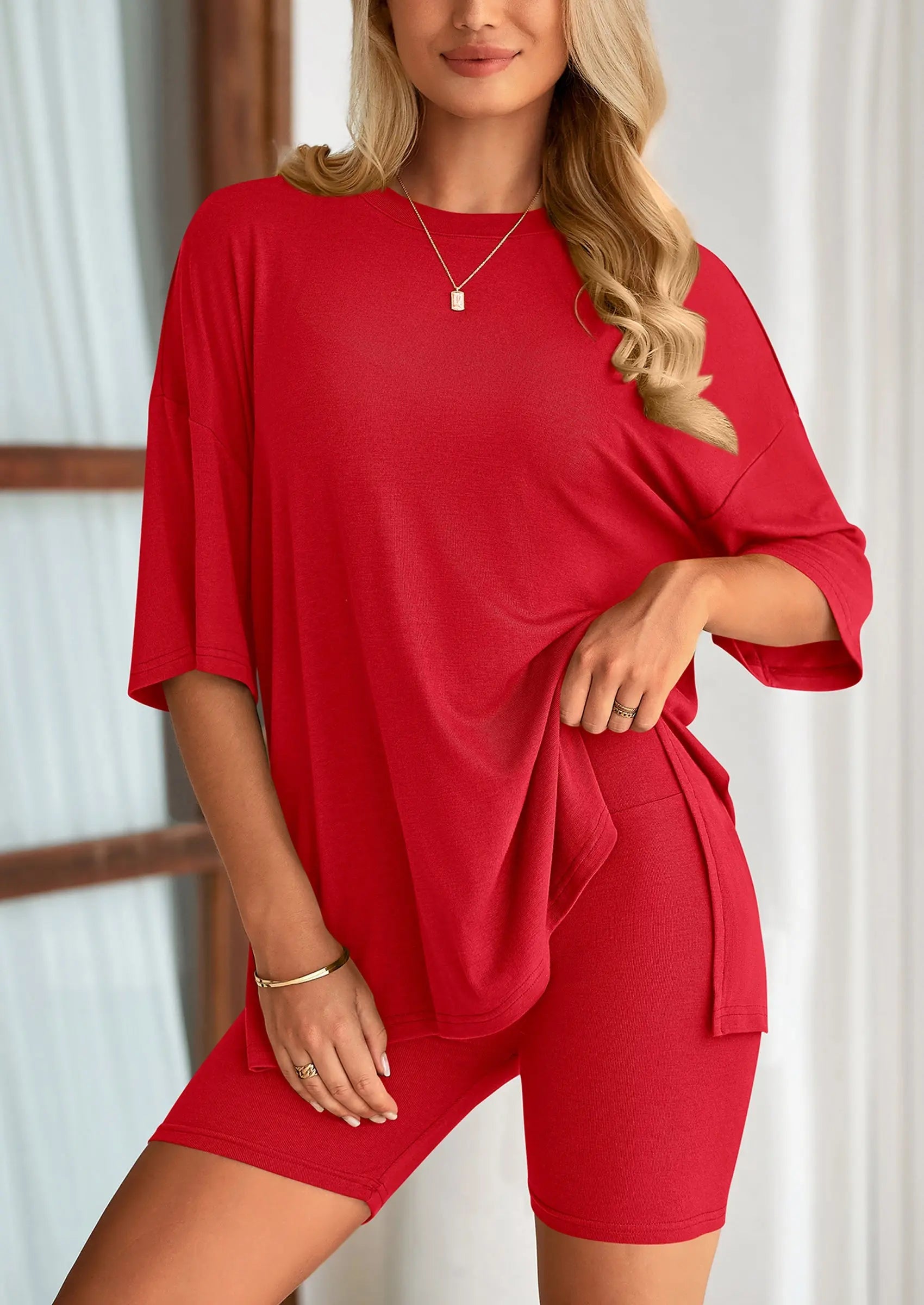 Casual Short Sleeved Round Neck Top Paired With Shorts Two-Piece Set - TARHUS