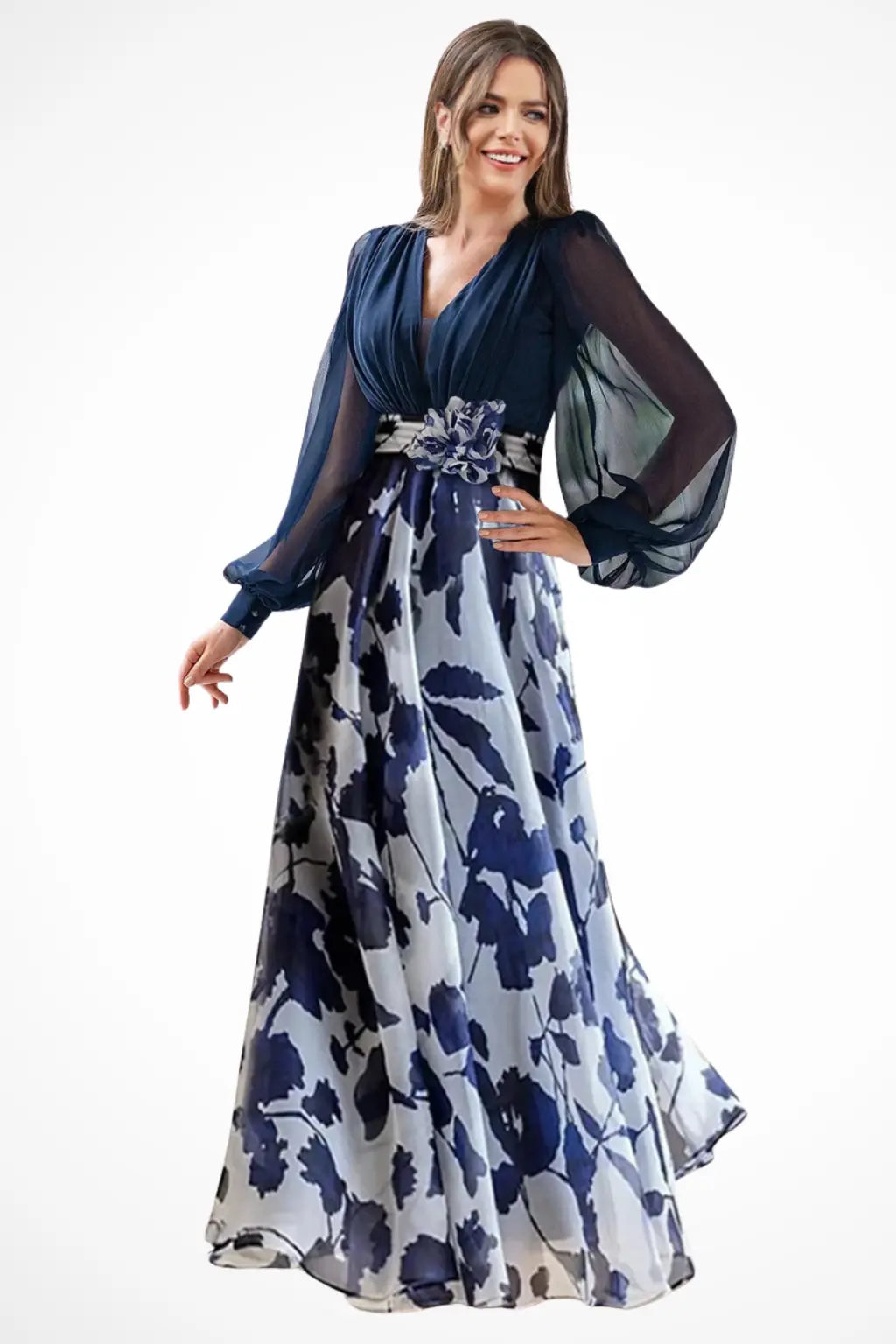Valentina | Women V Neck Balloon Sleeve Floral Print Maxi Wedding Guest Dress TARHUS Mother of the Bride Dresses