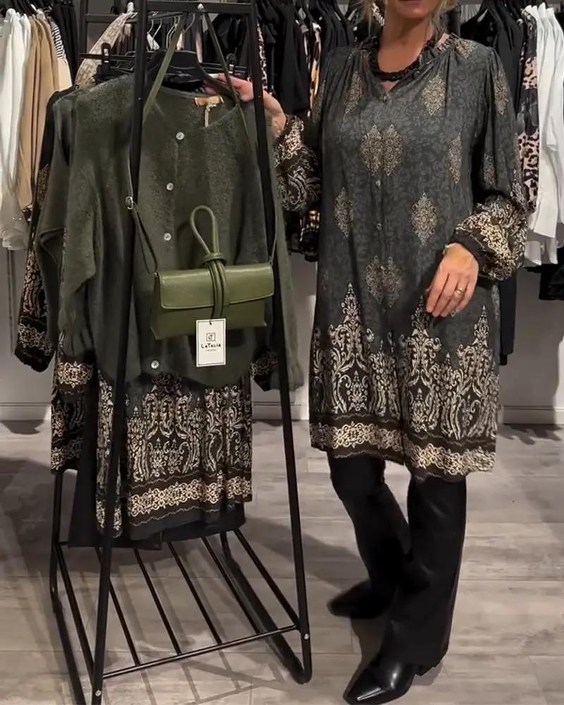 Vintage Print Shirt Dress – Long Lantern Sleeves, Lapel Collar & Button Front TARHUS Dresses