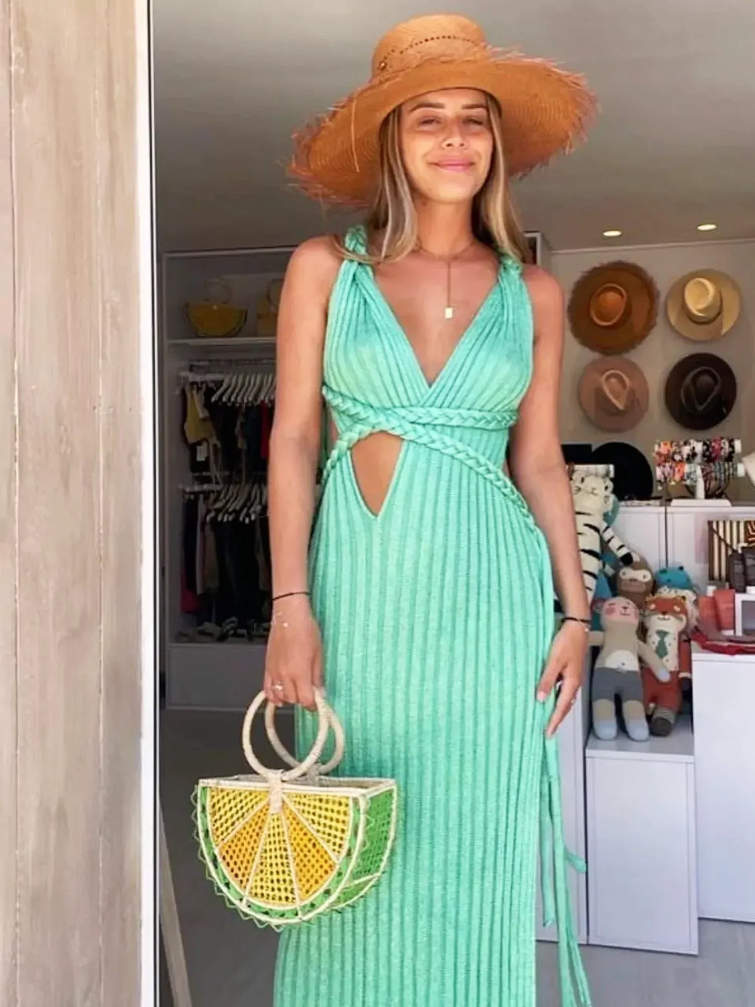 Women's Knit Cutout Waist Maxi Dress - Deep V-Neck Halter TARHUS Dresses