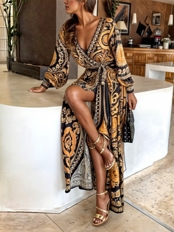 Elegant Bohemian Maxi Dress with Golden Print and High Slit TARHUS Maxi Dresses (Women)
