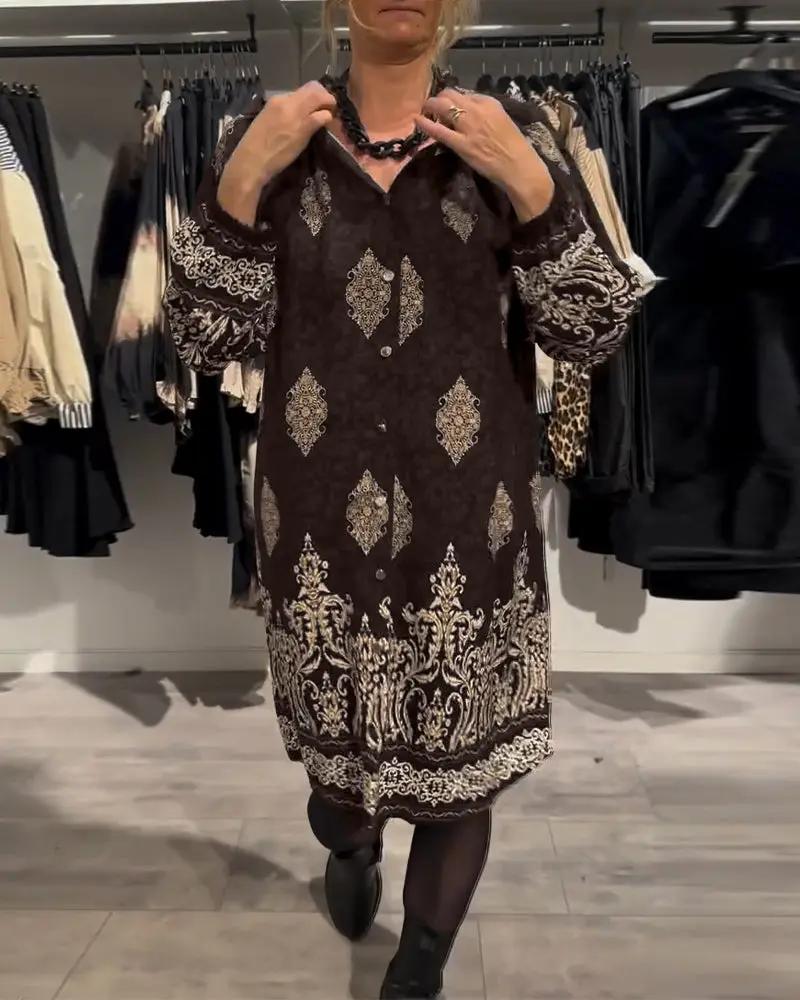 Vintage Print Shirt Dress – Long Lantern Sleeves, Lapel Collar & Button Front TARHUS Dresses