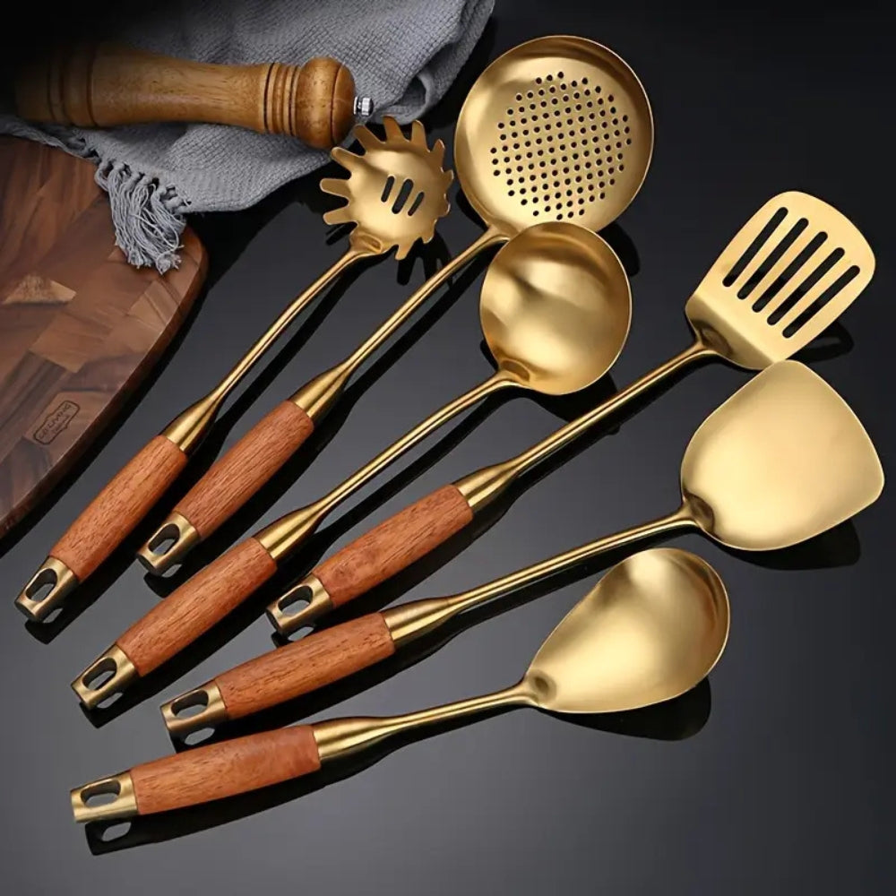 Golden Stainless Steel Kitchen Utensils Set 6-Piece for Cooking & Serving TARHUS Kitchen & Dining