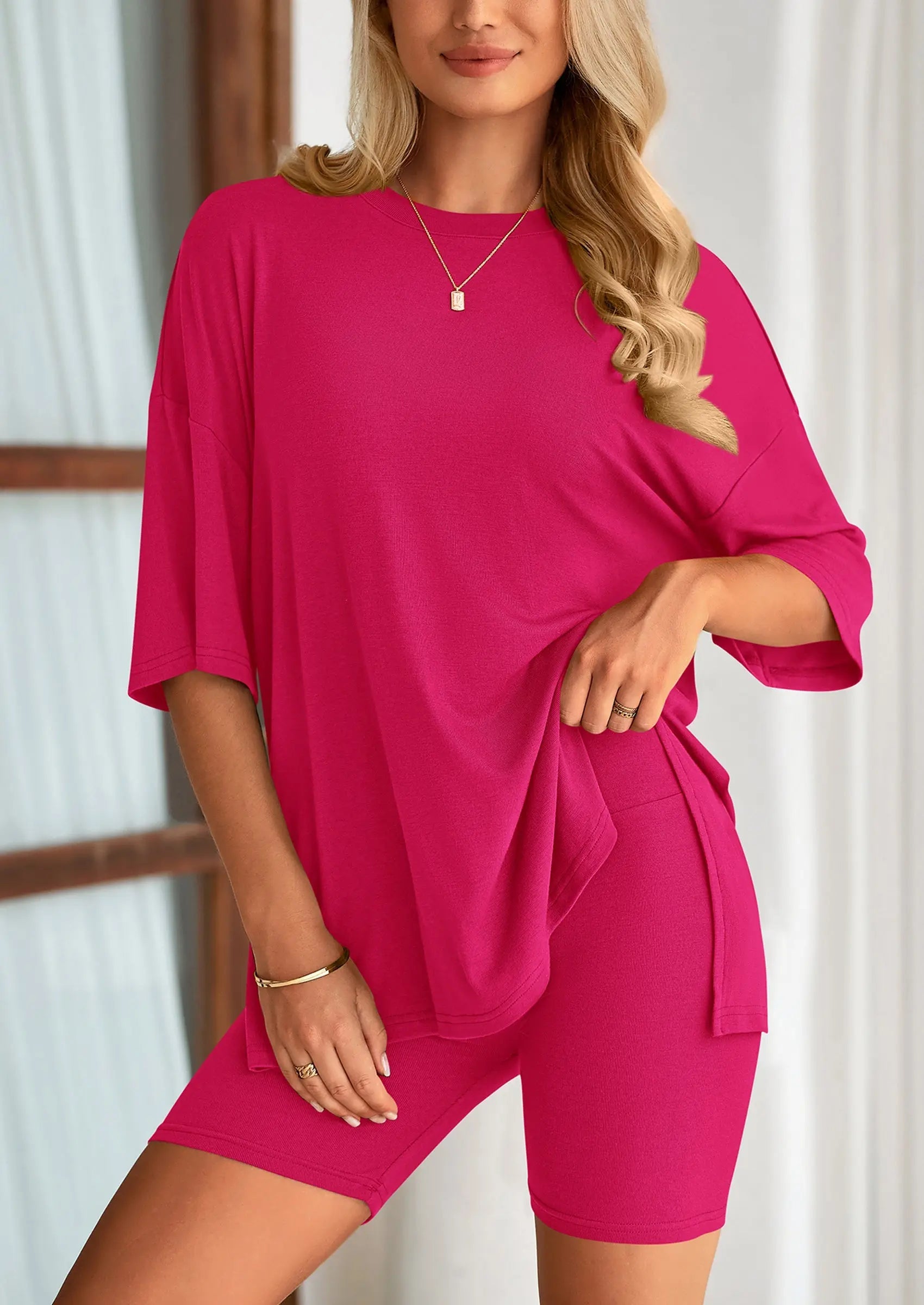 Casual Short Sleeved Round Neck Top Paired With Shorts Two-Piece Set - TARHUS