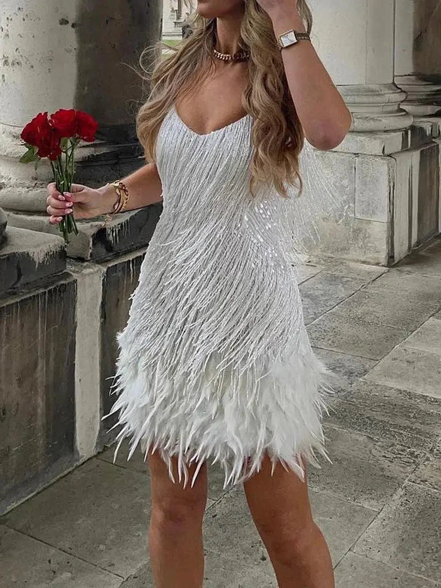 Feather Trim Mini Party Dress for Women TARHUS Dress