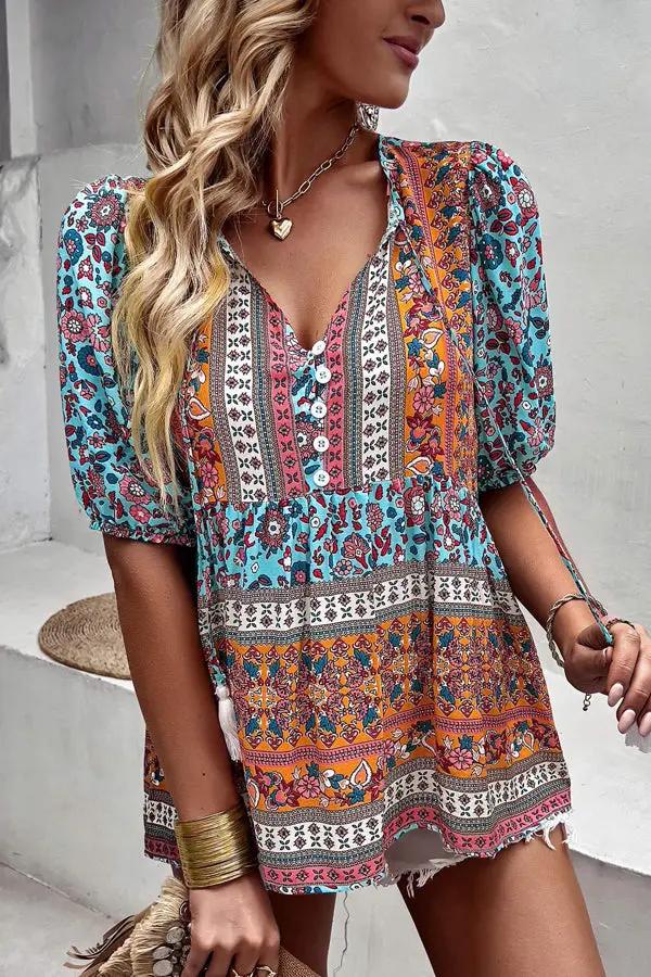 Bohemian Floral Short Sleeve Casual Tops - TARHUS