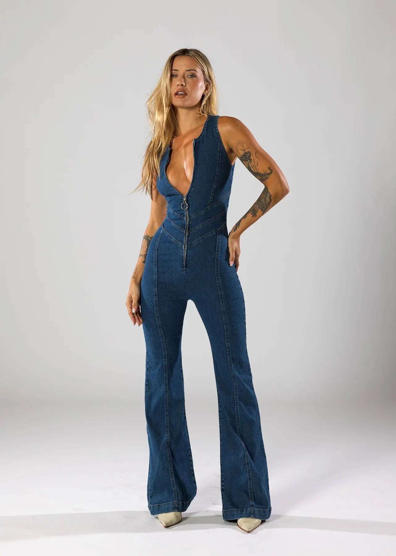 Heartthrob Backless Denim Jumpsuit – Flare-Leg One-Piece with Heart Cutout TARHUS Women Clothing